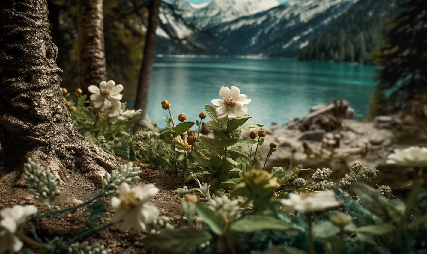 Midjourney prompt: 'flowers on a mountain by lake in slovenia, in the style of atmospheric woodland imagery, silver and emerald, tokina at-x 11-16mm f/2.8 pro dx ii, realistic anamorphic art, bentwood, rustic scenes, miniature dioramas --ar 27:16 --s 750'