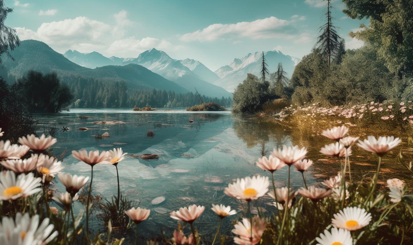 Midjourney prompt: 'flowers and trees over the water with mountains in the background, in the style of wollensak 127mm f/4.7 ektar, realistic landscapes with soft, tonal colors, 32k uhd, atmospheric woodland imagery, bentwood, white and emerald, wimmelbilder --ar 27:16 --s 750'