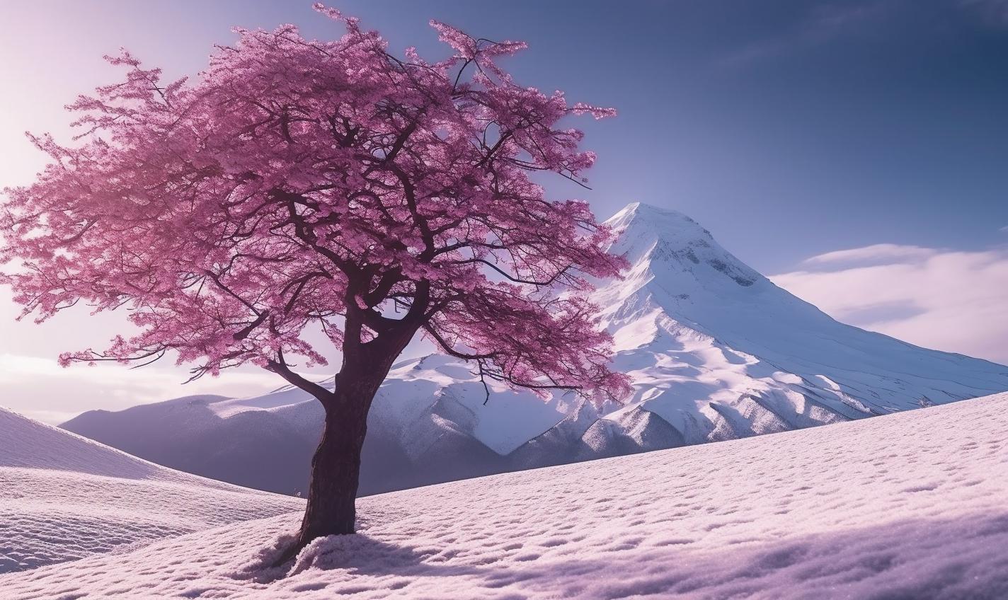 Midjourney prompt: 'a purple tree and mountain surrounded by snow, in the style of samyang af 14mm f/2.8 rf, video montages, precisionist art, cherry blossoms, spot metering, swiss style, camera tossing --ar 27:16 --s 750 '