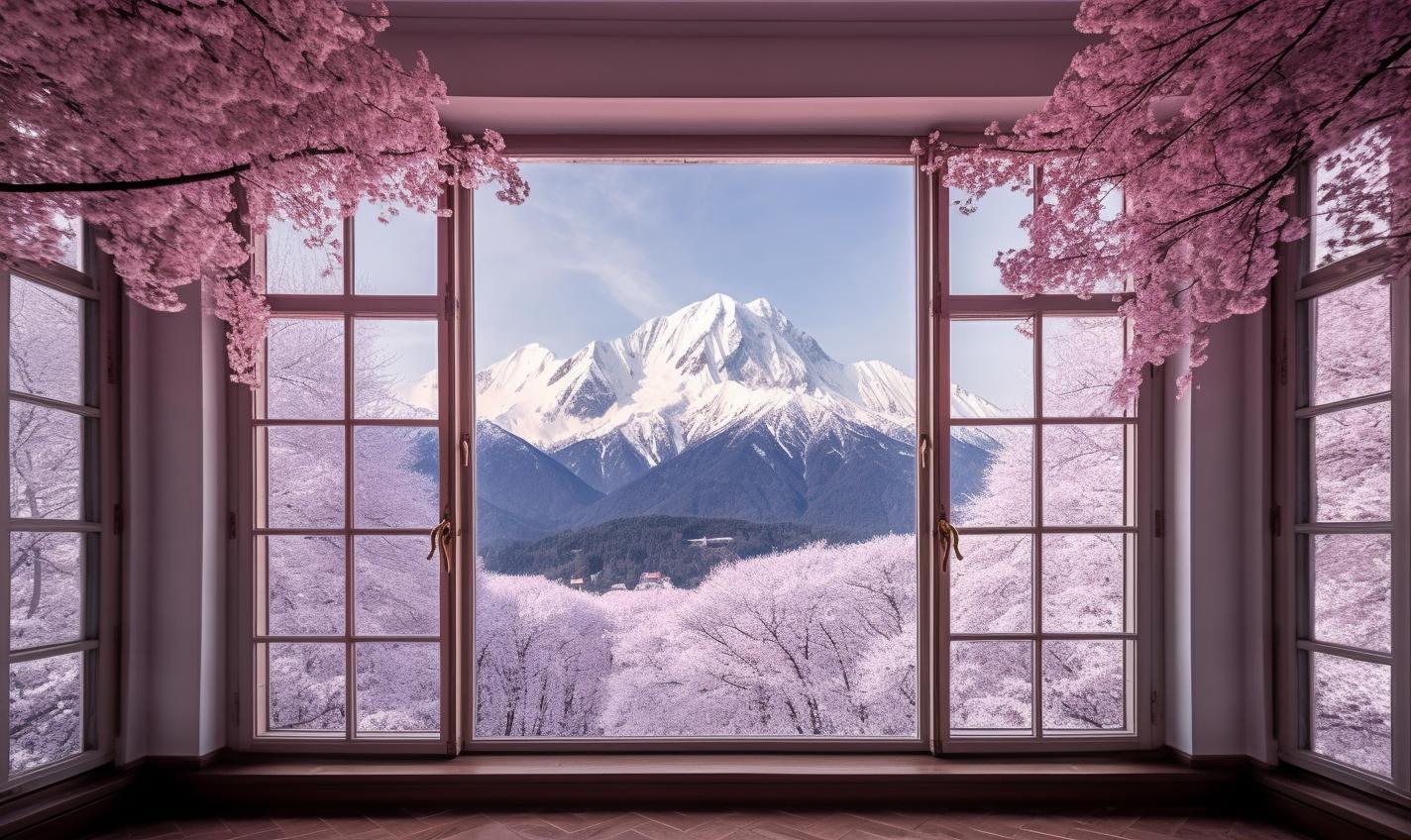 Midjourney prompt: 'the Alps and trees with mountains in front of the window, in the style of samyang af 14mm f/2.8 rf, cherry blossoms, camera tossing, light silver and violet, photo taken with nikon d750, shin hanga, innovative page design --ar 27:16 --s 750'