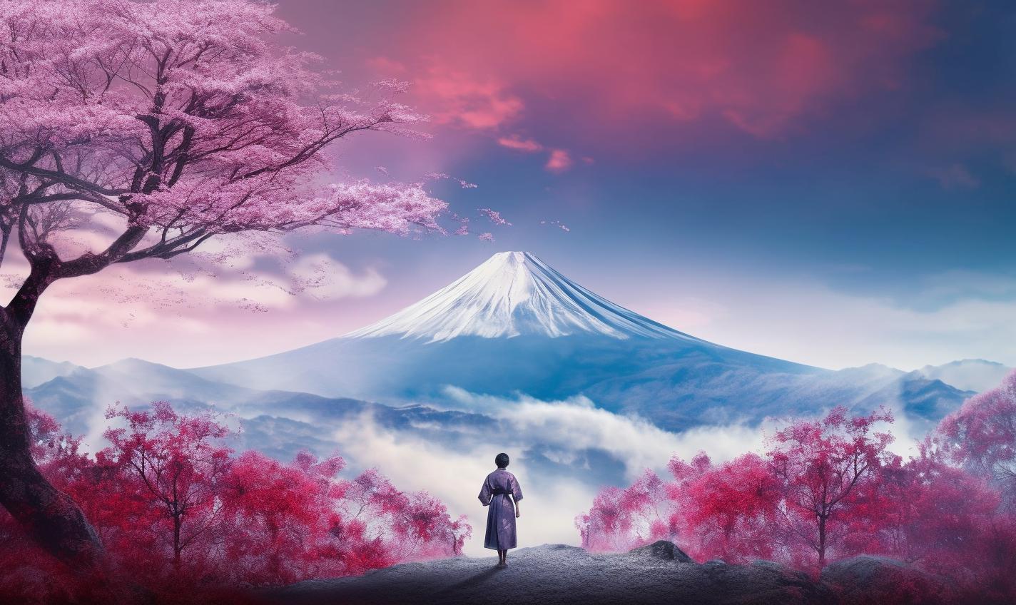 Midjourney prompt: 'blue mountains in the background with trees, in the style of japanese photography, silver and magenta, manual focus lens, shilin huang, sharp and angular, albert edelfelt, caras ionut --ar 27:16 --s 750'