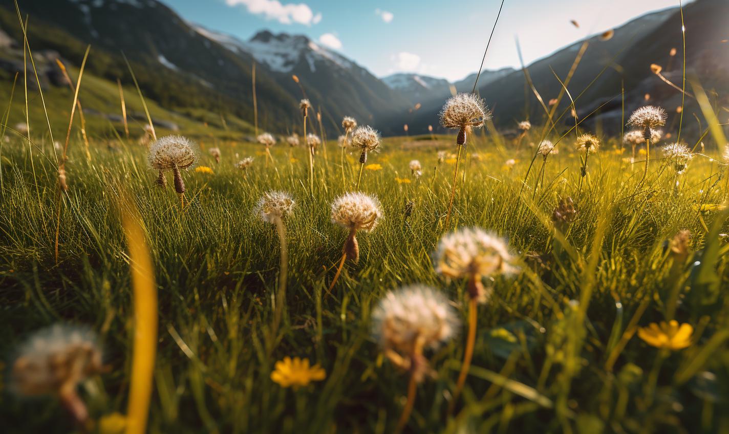 Midjourney prompt: 'dandelions on the grass in alps, in the style of zeiss batis 18mm f/2.8, innovative page design, albert edelfelt --ar 27:16 --s 750'