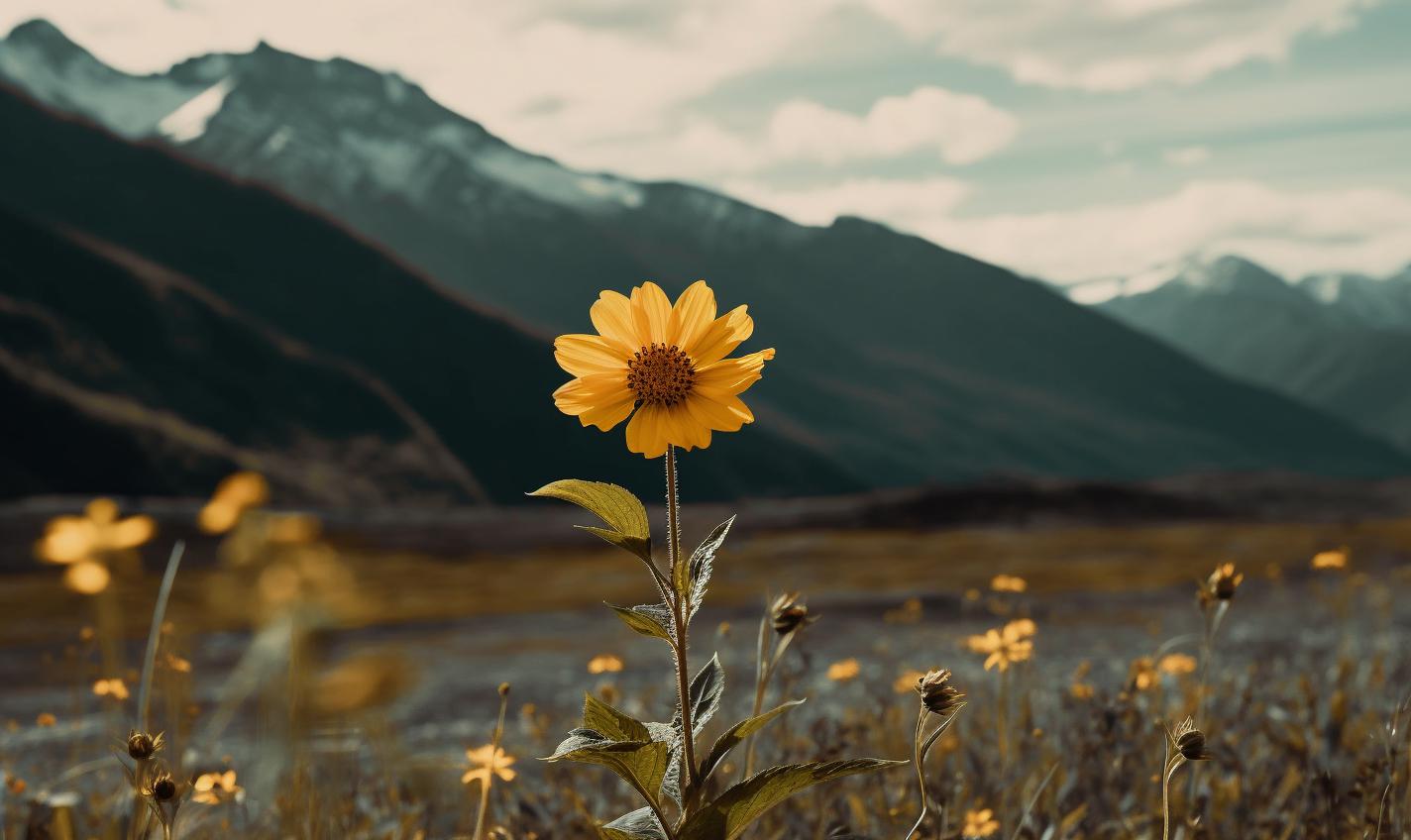 Midjourney prompt: 'a yellow flower sits in front of mountain ranges, in the style of innovative page design, hasselblad 1600f, high quality photo, schlieren photography, light gray and dark emerald, plein air, ps1 graphics --ar 27:16 --s 750'