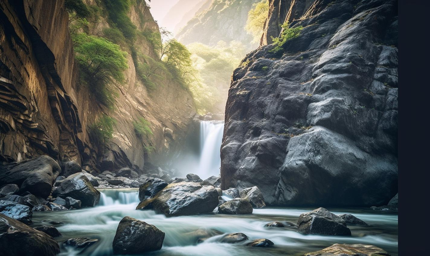 Midjourney prompt: 'a screenshot of an image of a waterfall coming down in a canyon, in the style of the düsseldorf school of photography, pictorial harmony, innovative page design, alla prima, low-angle shots, photo taken with provia, play with light and shadow --ar 27:16 --s 750'