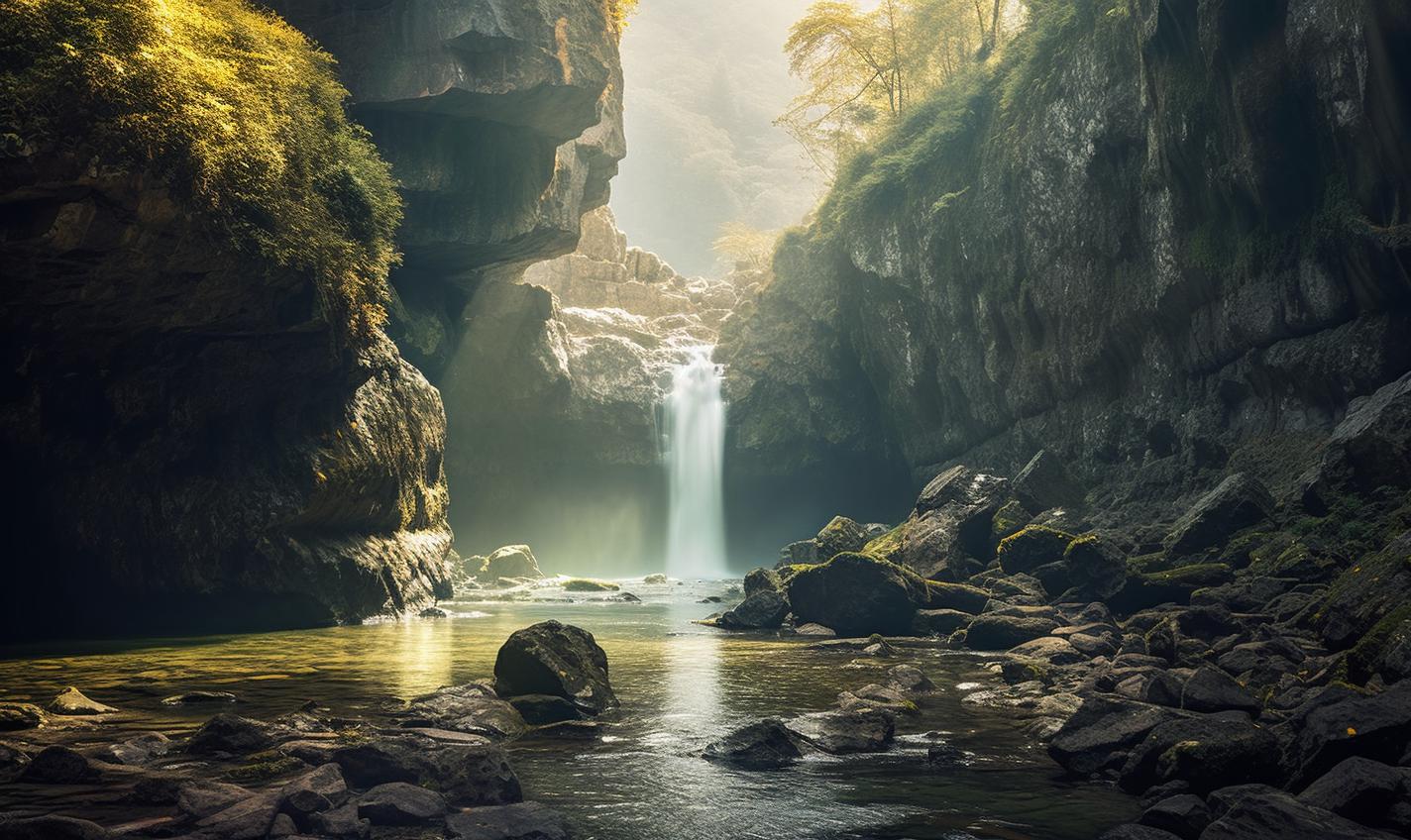 Midjourney prompt: 'an image of a waterfall in the rocks, in the style of wollensak 127mm f/4.7 ektar, innovative page design, alex alemany, photo taken with provia, time-lapse photography, plein air, atmospheric light and shadow --ar 27:16 --s 750 '