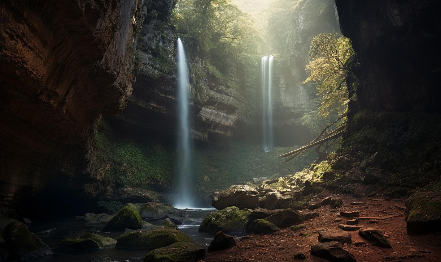 Midjourney prompt: 'an image of a waterfall in the rocks, in the style of wollensak 127mm f/4.7 ektar, innovative page design, alex alemany, photo taken with provia, time-lapse photography, plein air, atmospheric light and shadow --ar 27:16 --s 750'