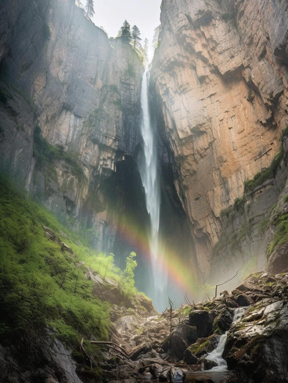 Midjourney prompt: 'waterfall of tappi in switzerlandalpengasse kozlo züri, in the style of interplay of light and color, 32k uhd, rainbowcore, juxtaposition of light and shadow, national geographic photo, adonna khare, uhd image --ar 3:4 --s 750'