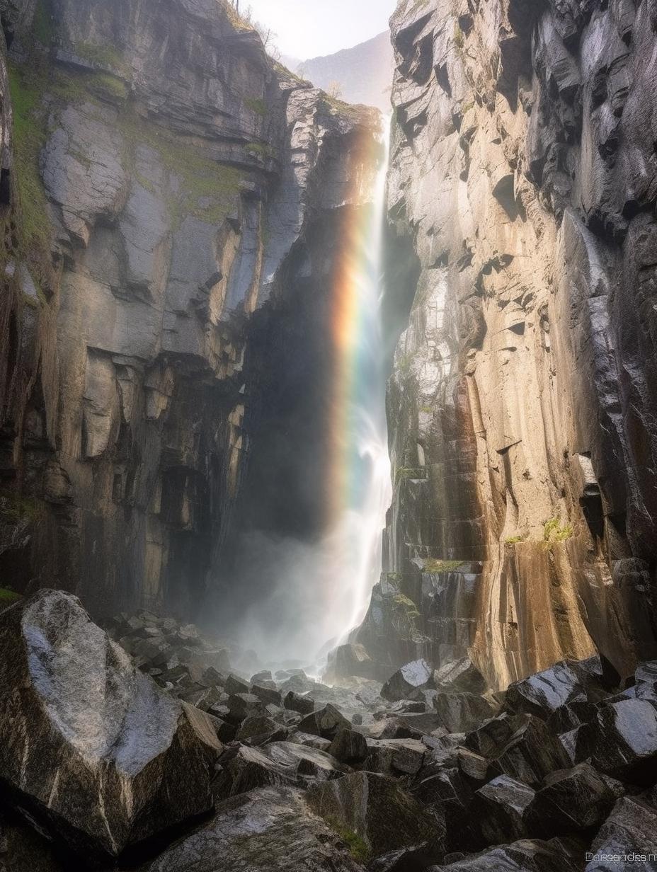 Midjourney prompt: 'waterfall of tappi in switzerlandalpengasse kozlo züri, in the style of interplay of light and color, 32k uhd, rainbowcore, juxtaposition of light and shadow, national geographic photo, adonna khare, uhd image --ar 3:4 --s 750 '