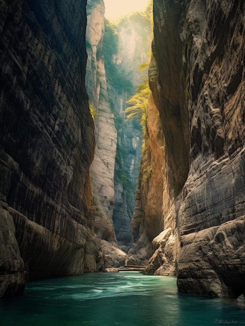 Midjourney prompt: 'the sun coming out of the window of a canyon with some water flowing, in the style of rainbowcore, italian landscapes, carl zeiss distagon t* 15mm f/2.8 ze, 32k uhd, swiss style, gray and aquamarine, vibrant color choices --ar 3:4 --s 750'