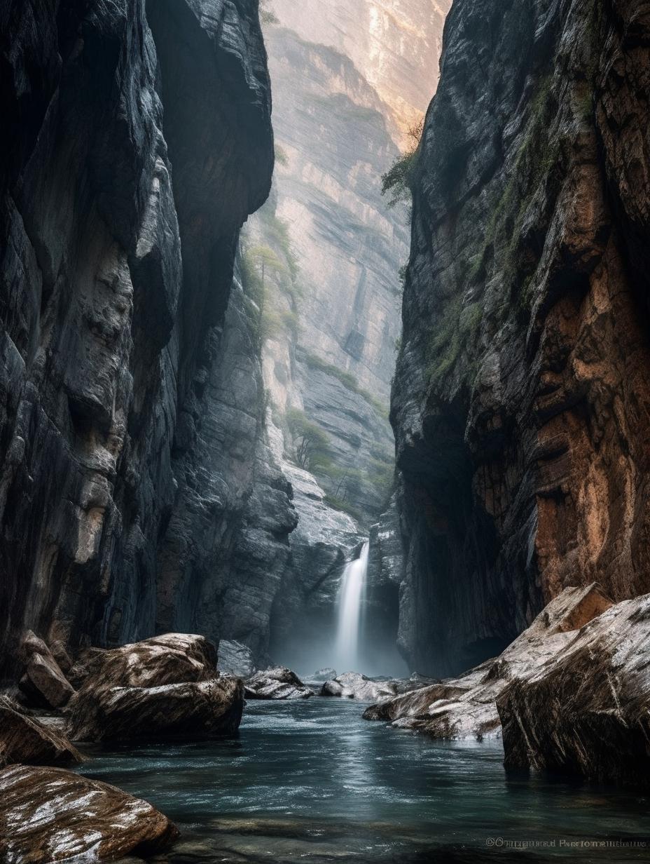 Midjourney prompt: 'a waterfall flowing out of the rocky side of a canyon, in the style of zeiss batis 18mm f/2.8, slovenian paintings, atmospheric shots, transavanguardia, national geographic photo, high quality photo --ar 3:4 --s 750'