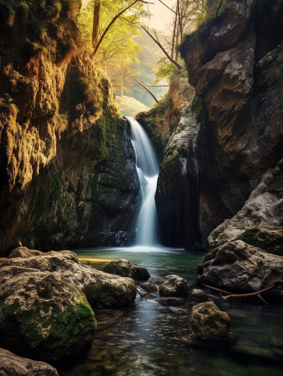 Midjourney prompt: 'a waterfall sits above rocks in the canyon, in the style of italian landscapes, carl zeiss distagon t* 15mm f/2.8 ze, high resolution, atmospheric shots, kurzgesagt --ar 3:4 --s 750'