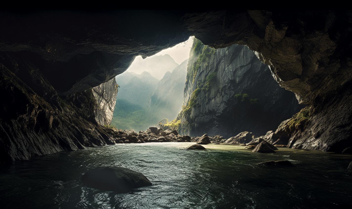 Midjourney prompt: 'a river flows through a cave into the picture, in the style of zeiss batis 18mm f/2.8, album covers, innovative page design, swiss style, play with light, trompe-l'œil, high quality photo --ar 27:16 --s 750'