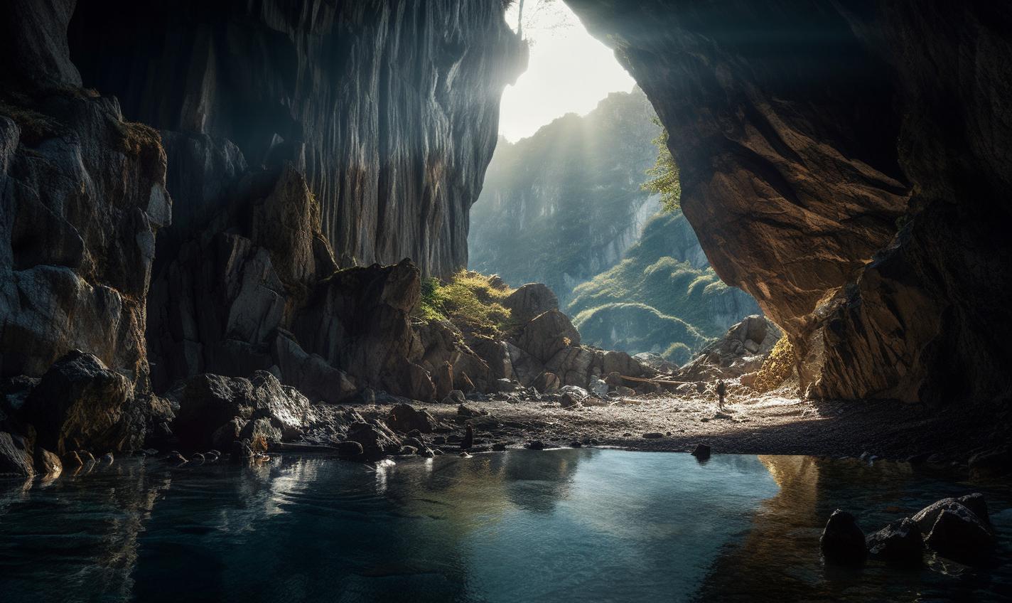 Midjourney prompt: 'the light and water coming through a rocky cave, in the style of zeiss batis 18mm f/2.8, album covers, swiss style, atey ghailan, high quality photo, wlop, philippe de champaigne --ar 27:16 --s 750'