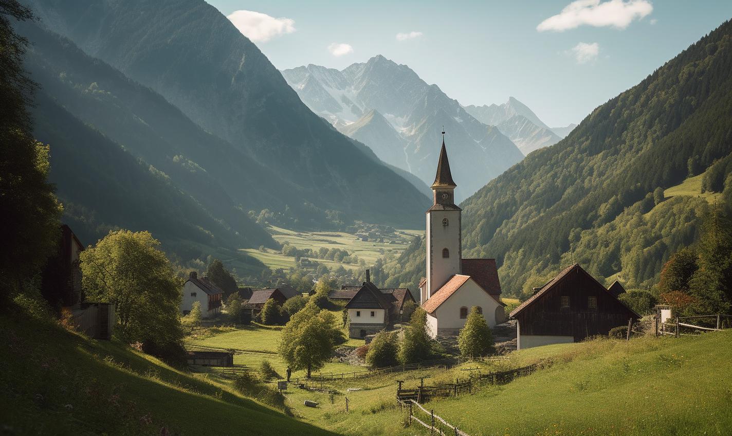Midjourney prompt: 'a small village is surrounded by mountains, in the style of the düsseldorf school of photography, back button focus, innovative page design, zeiss batis 18mm f/2.8, epic, dignified poses, neue sachlichkeit --ar 27:16 --s 750'