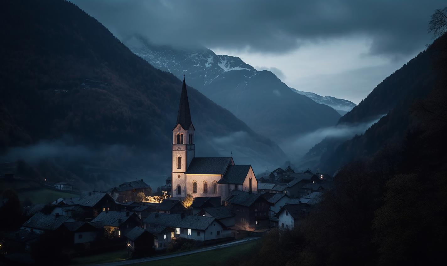 Midjourney prompt: 'a small town with a church, castle and mountains, in the style of documentary photographer, time-lapse photography, zeiss batis 18mm f/2.8, innovative page design, sharp attention to detail, precisionist, mountainous vistas --ar 27:16 --s 750'