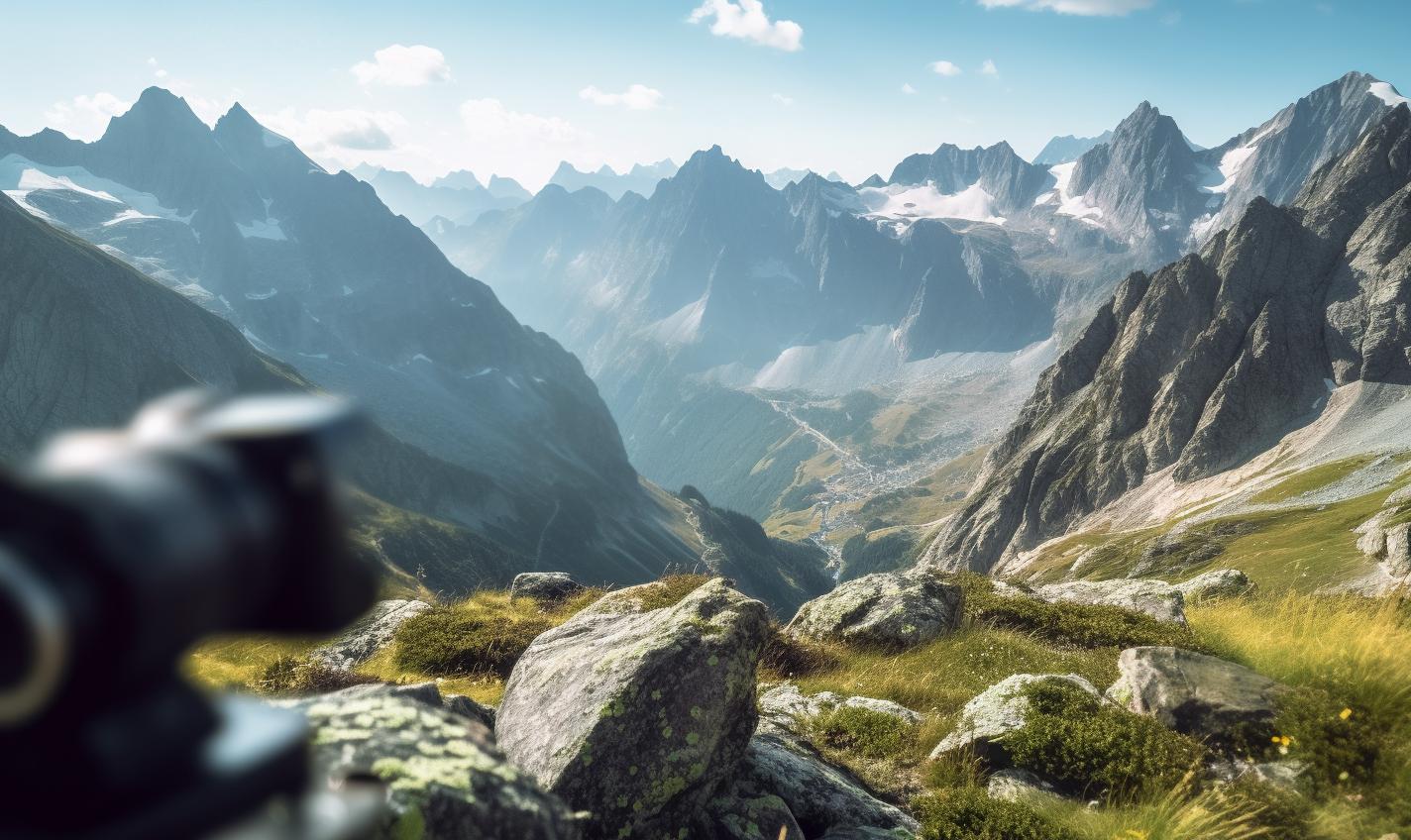 Midjourney prompt: 'a panorama of the alps taken through a camera's prism, in the style of canon ts-e 17mm f/4l tilt-shift, en plein air, photo taken with nikon d750, alvar aalto, innovative page design, detailed hunting scenes, ippolito caffi --ar 27:16 --s 750'