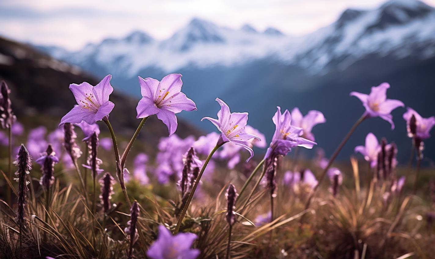Midjourney prompt: 'an image of some purple flowers with snowy mountains behind them, in the style of new american documentary photography, precisionist lines and shapes, innovative page design, zeiss batis 18mm f/2.8, trompe-l'œil --ar 27:16 --s 750'