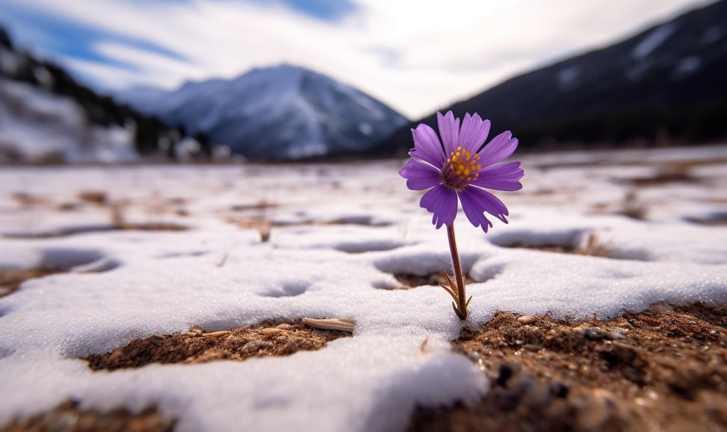 Midjourney prompt: 'a purple flower in a field near a snow covered mountain, in the style of precisionist lines and shapes, snapshots of america, zeiss batis 18mm f/2.8, innovative page design, adventure themed, site-specific, sharp --ar 27:16 --s 750'