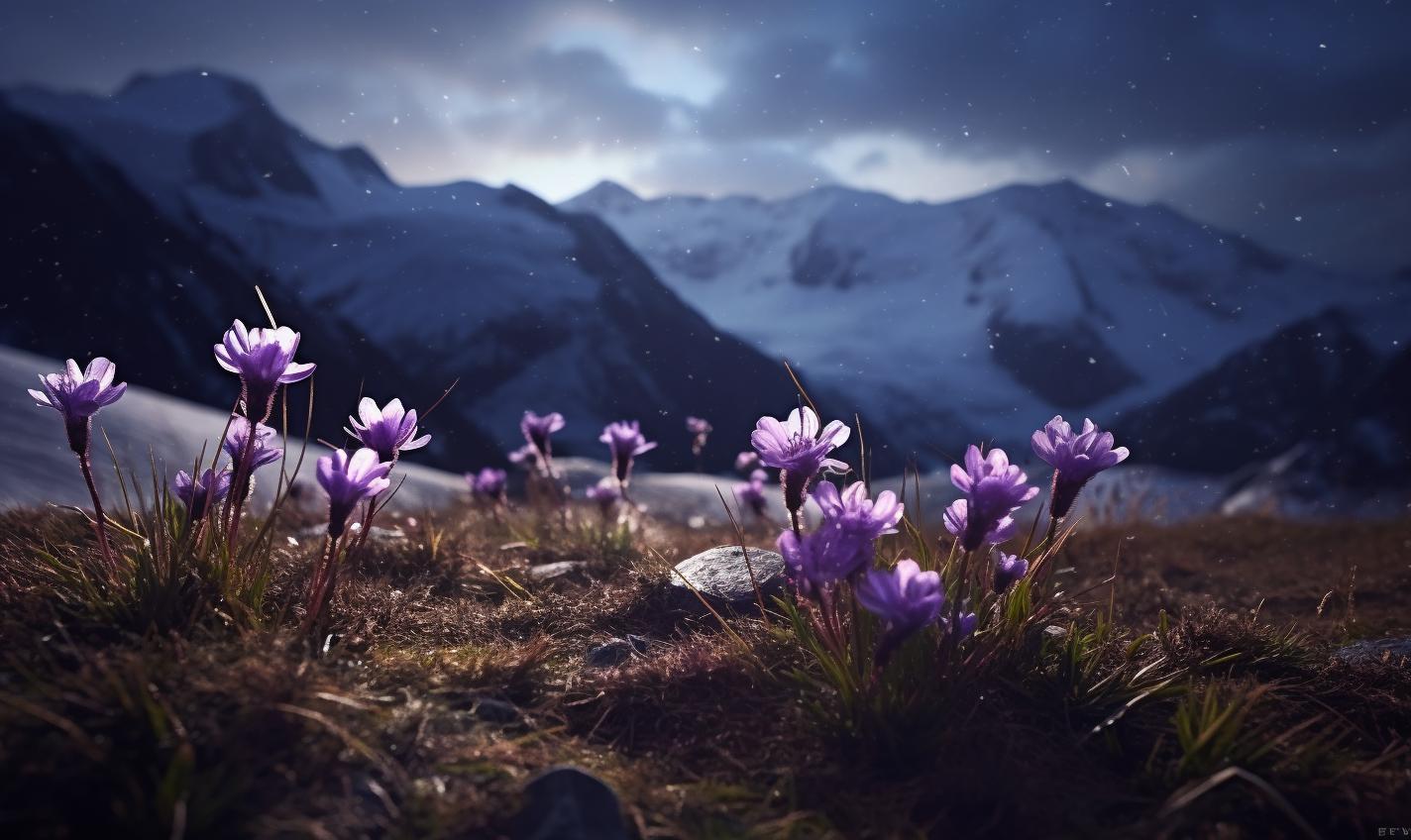 Midjourney prompt: 'flowers bloom near a mountain with snow on the background, in the style of zeiss batis 18mm f/2.8, innovative page design, dark purple and gray, precisionist art, spot metering, sharp lines, trompe-l'œil --ar 27:16 --s 750 '