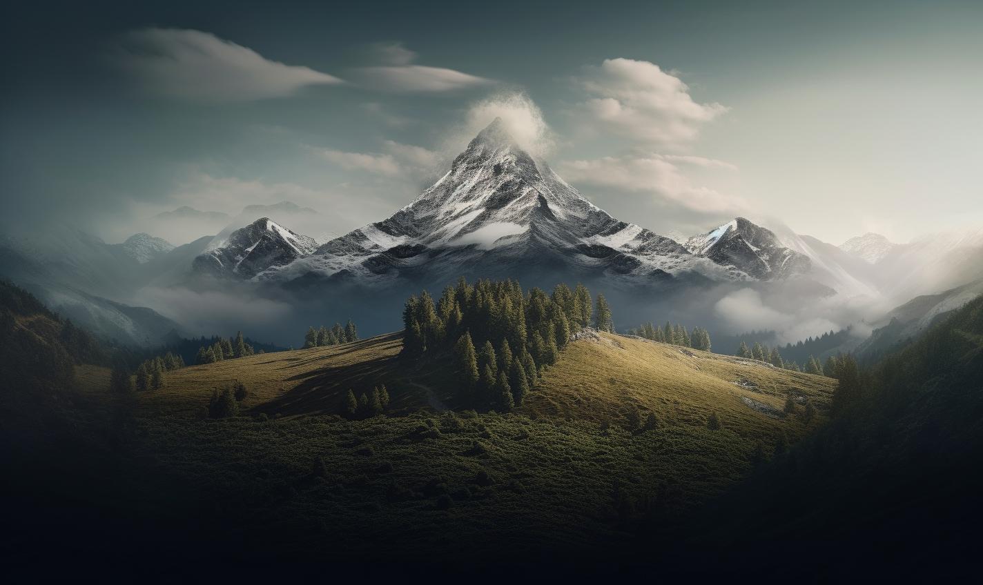 Midjourney prompt: 'a mountain with some trees and a mountain background, in the style of mike campau, innovative page design, zeiss batis 18mm f/2.8, ippolito caffi, historical imagery --ar 27:16 --s 750'
