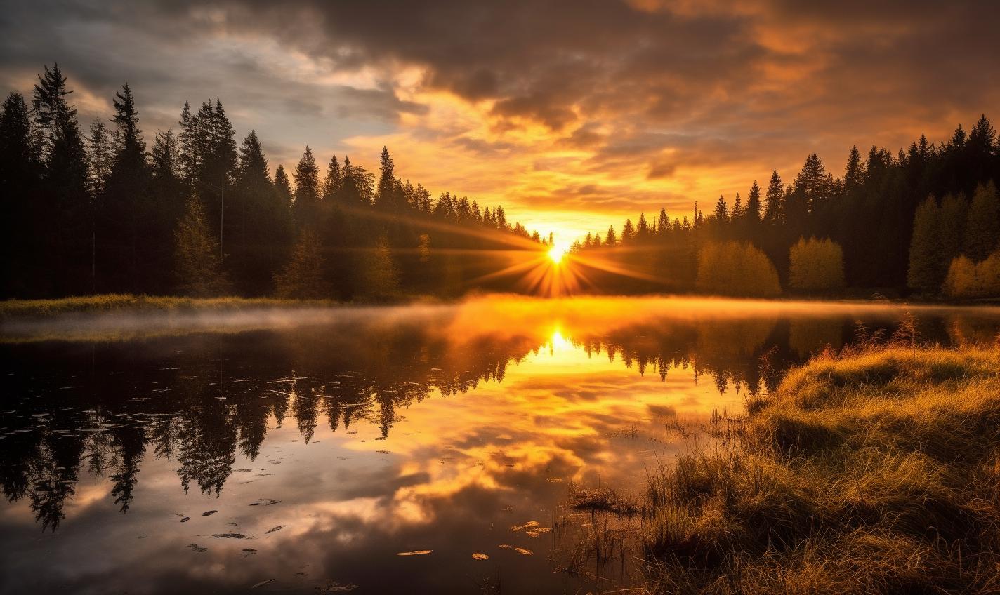 Midjourney prompt: 'sunrise from a lake in schlesbach, germany, in the style of native american, first nations, and alaska native art, large format lens, whistlerian, schlieren photography, dramatic skies, light amber and silver, zigzags --ar 27:16 --s 750'