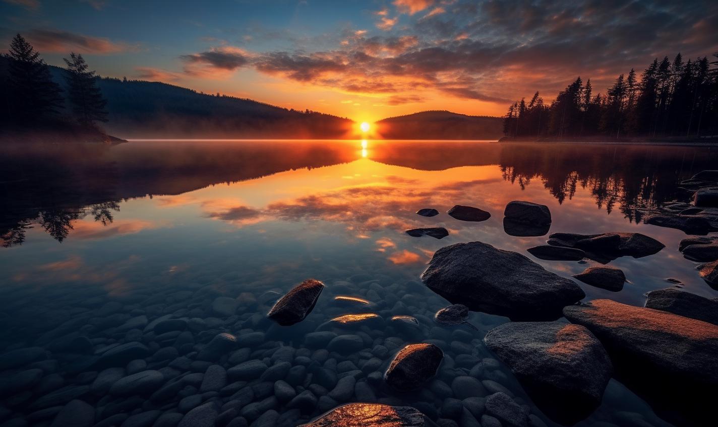 Midjourney prompt: 'sunrise at lake of the croatia of czech republic by the slava zlatogrevi, in the style of tokina at-x 11-16mm f/2.8 pro dx ii, anamorphic lens flare, uhd image, argus c3, arbeitsrat für kunst, instax, close-up shots --ar 27:16 --s 750'
