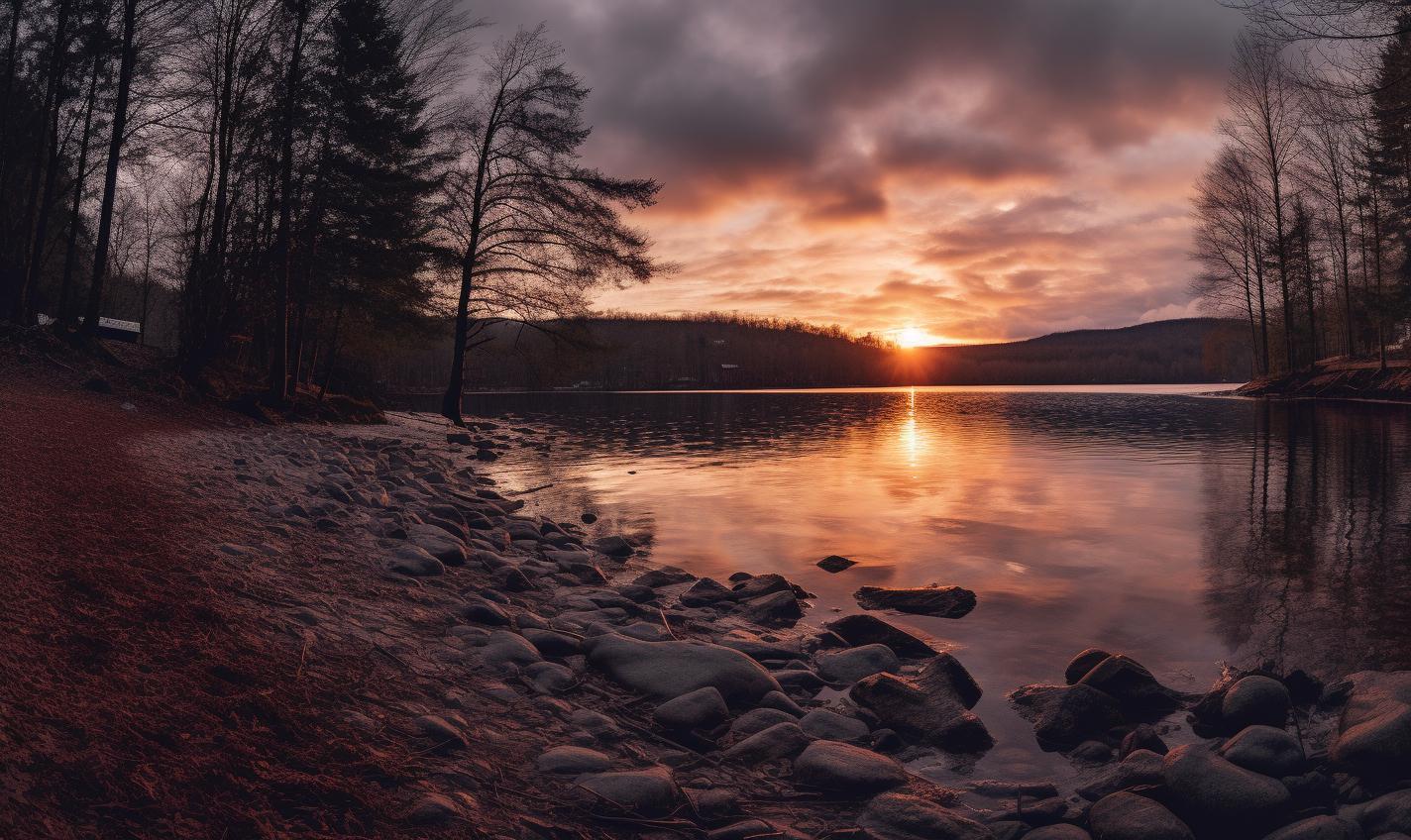 Midjourney prompt: 'sunset by the lake in bavaria, in the style of zeiss batis 18mm f/2.8, impressive panoramas, , atmospheric and moody lighting, kinuko y. craft, albert edelfelt, schlieren photography --ar 27:16 --s 750'