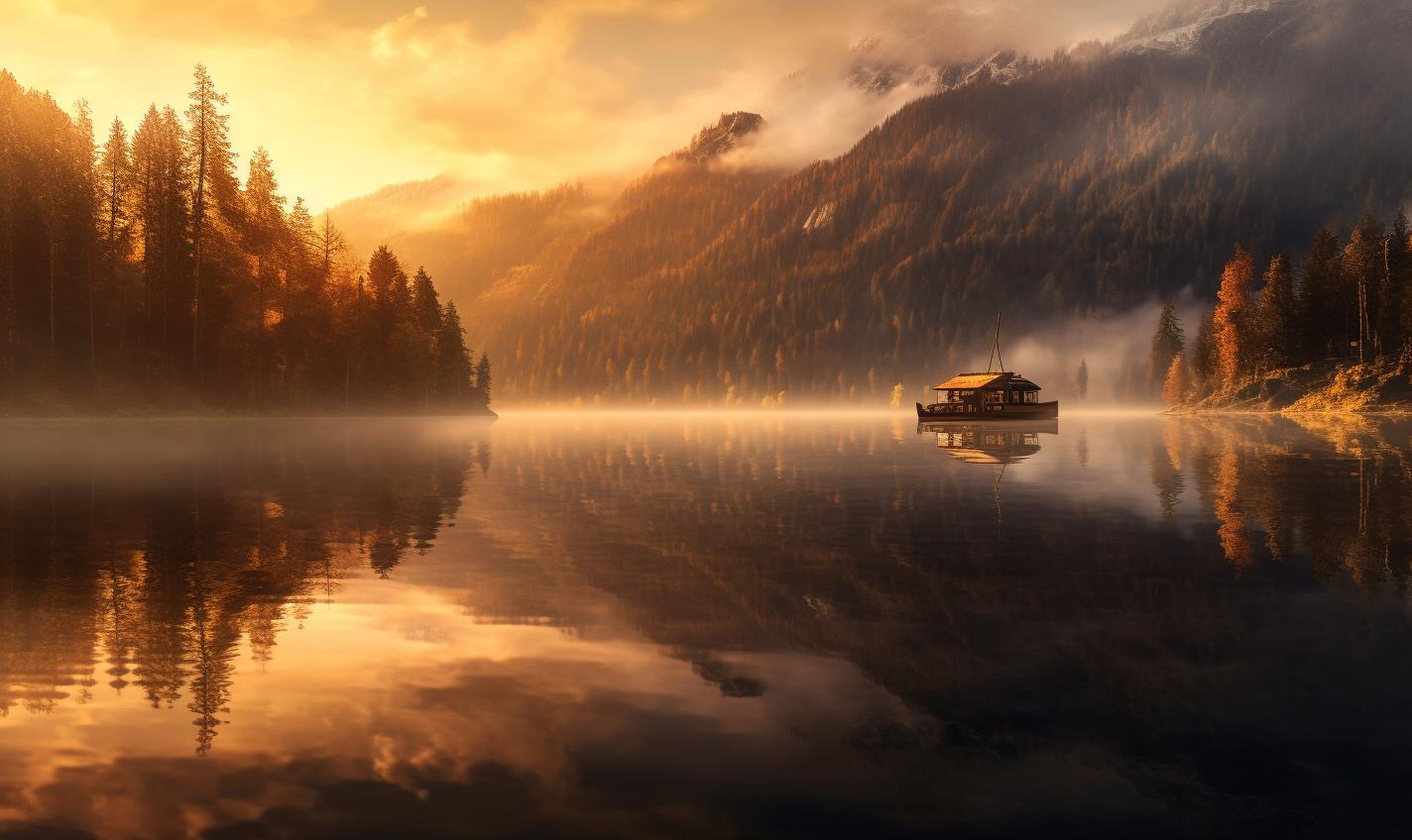 Midjourney prompt: 'näm nad alm | sunrise on lake, in the style of panoramic scale, detailed atmospheric portraits, light bronze and gold, kieron gillen, rim light, kinuko y. craft, dotted --ar 27:16 --s 750 '