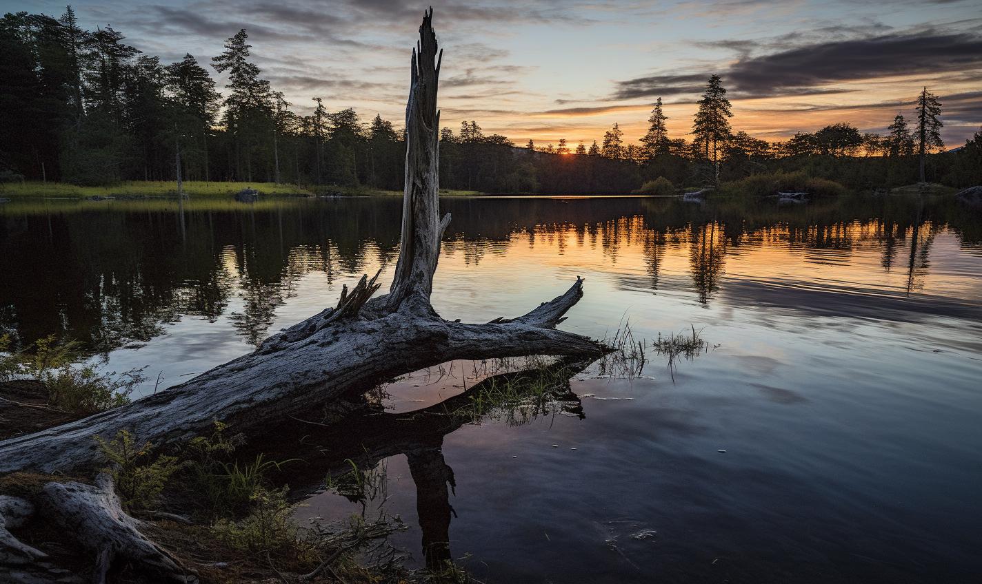 Midjourney prompt: 'a tree trunk and a lake at sunset as seen from a distance, in the style of zeiss batis 18mm f/2.8, andrzej sykut, whistlerian, pentax espio mini, nikon d850, atmospheric woodland imagery, anders zorn --ar 27:16 --s 750'