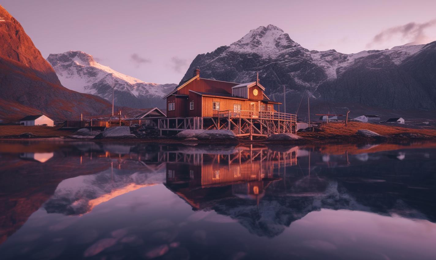 Midjourney prompt: 'a white, rustic mountain lodge is reflected in the lake, in the style of time-lapse photography and film, albert edelfelt, dark purple and light amber, website, bold outlines, flat colors, photo taken with provia, ettore tito --ar 27:16 --s 750 '