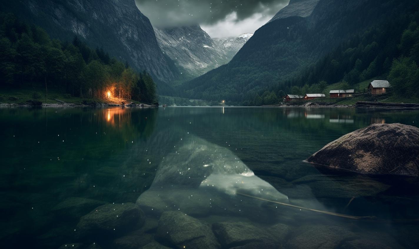 Midjourney prompt: 'this image is one that shows a lake in the mountains and lights, in the style of dusseldorf school of photography, anamorphic lens, innovative page design, swiss style, zeiss batis 18mm f/2.8, arbeitsrat für kunst, luxurious --ar 27:16 --s 750'
