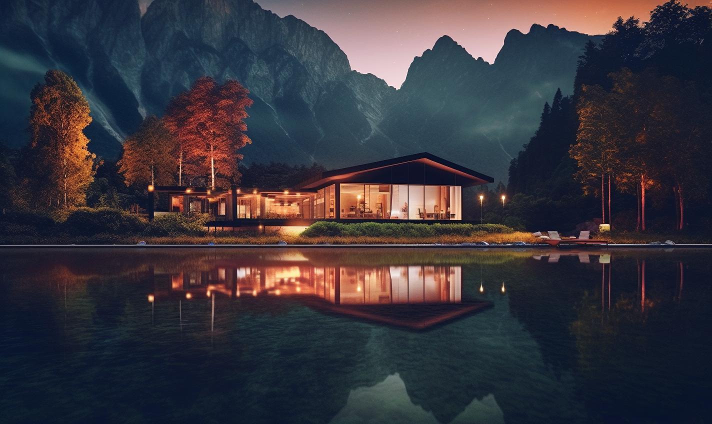 Midjourney prompt: 'a lake with mountains, trees, and cabins in the distance, in the style of zeiss batis 18mm f/2.8, albert edelfelt, neon-lit urban, innovative page design, video montages, alvar aalto, high quality photo --ar 27:16 --s 750 '
