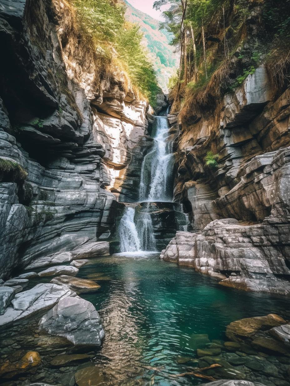 Midjourney prompt: 'a water falls through some rocks in the mountains, in the style of sony fe 35mm f/1.4 za, italian landscapes, rustic scenes --ar 3:4 --s 750'