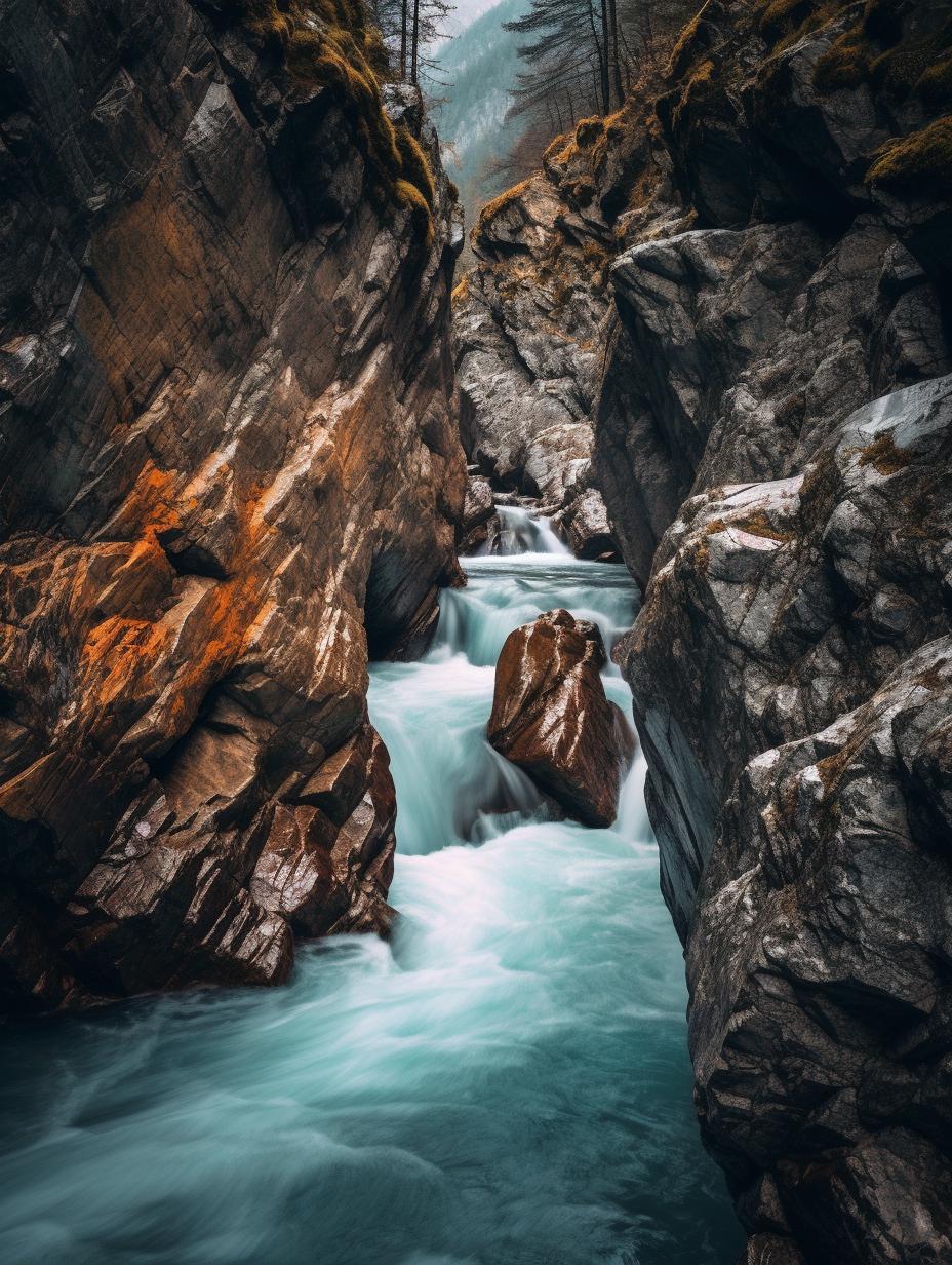 Midjourney prompt: 'the water rushes up a rocks in a canyon, in the style of sony fe 85mm f/1.4 gm, swiss style, truls espedal, sony fe 24-70mm f/2.8 gm, whistlerian, joyful celebration of nature, environmental portraiture --ar 3:4 --s 750'