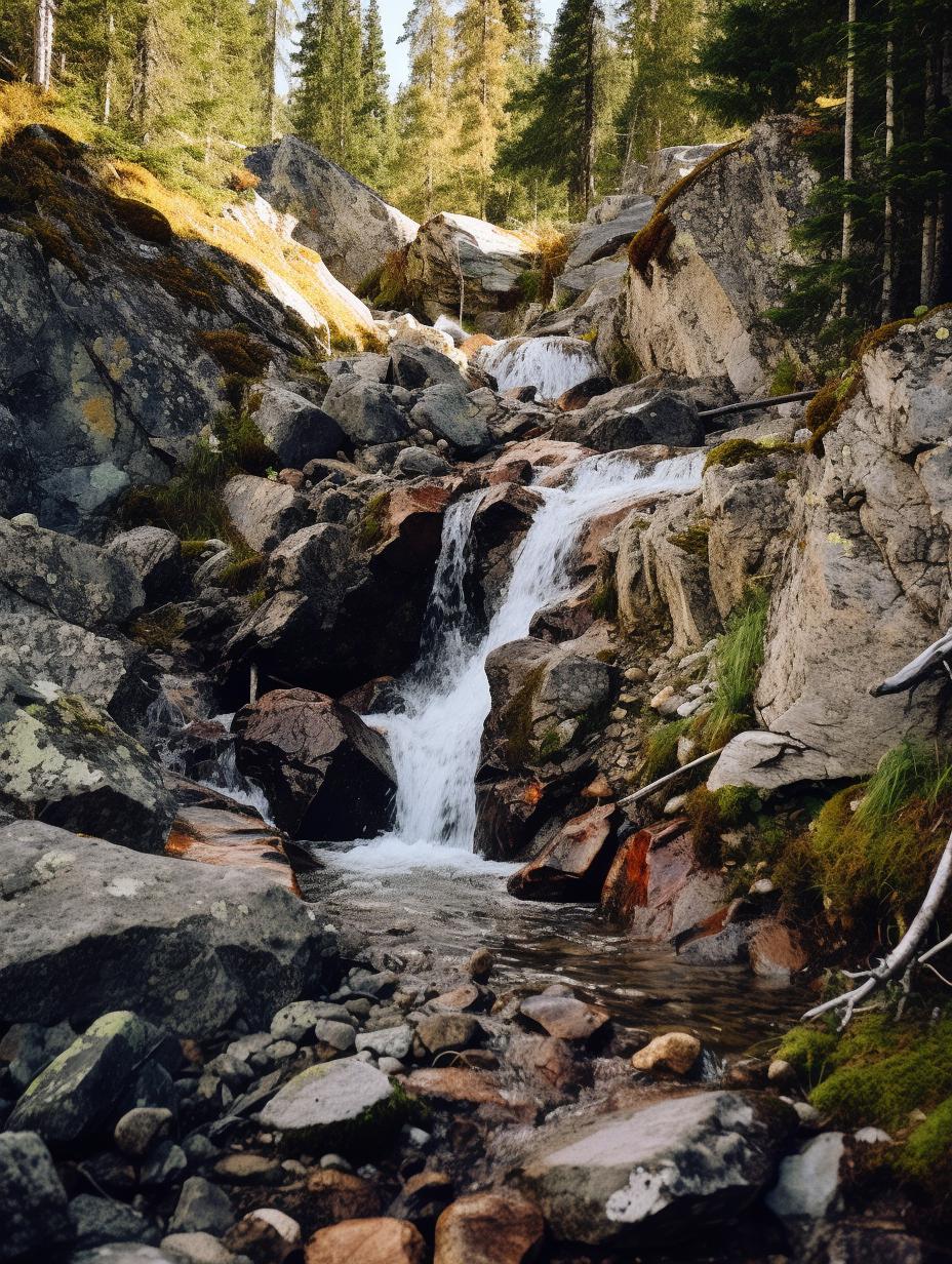 Midjourney prompt: 'a small waterfall coming down from a rocky hillside, in the style of sony fe 35mm f/1.4 za, whistlerian, rodenstock imagon 300mm f/5.8, sony fe 24-70mm f/2.8 gm, grzegorz domaradzki, mottled, joyful celebration of nature --ar 3:4 --s 750'