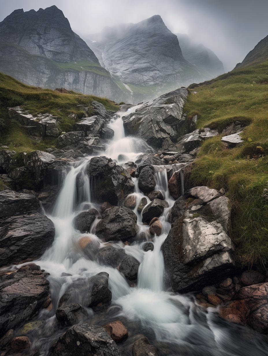 Midjourney prompt: 'waterfall in the alps, in the style of sony fe 85mm f/1.4 gm, naturalistic expressionism, traditional british landscapes, whimsical wilderness --ar 3:4 --s 750'