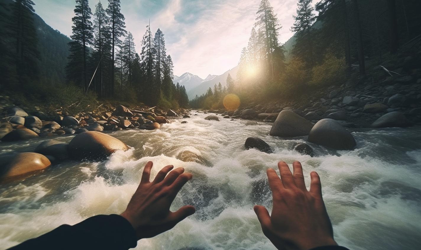 Midjourney prompt: 'a man taking photos of a rushing river near mountains, in the style of innovative page design, artem chebokha, michael shainblum, cinematic compositions, alma woodsey thomas, photo taken with provia, fisheye effects --ar 27:16 --s 750 '