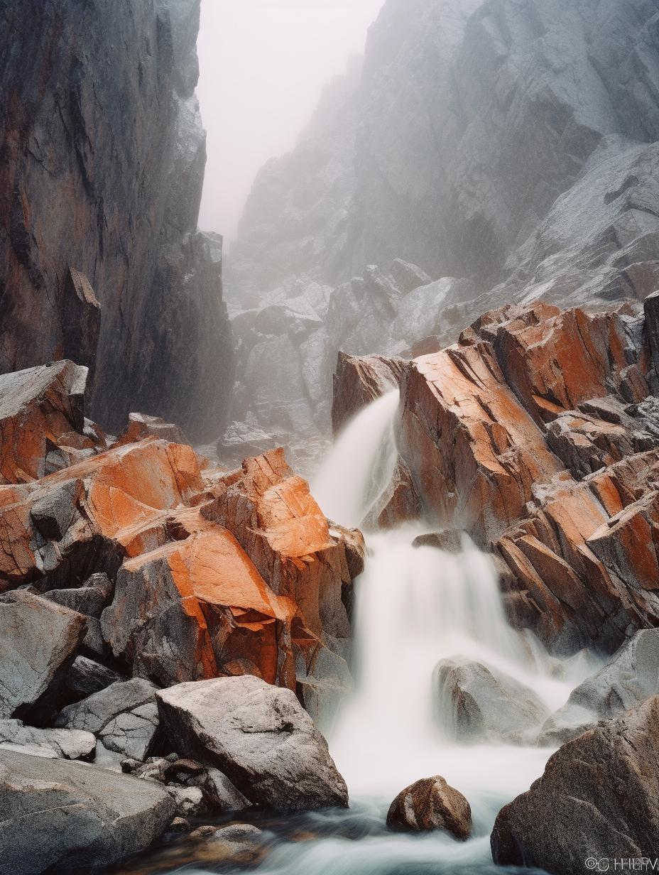 Midjourney prompt: 'a waterfall flowing through rocks in a rocky terrain, in the style of wollensak 127mm f/4.7 ektar, 32k uhd, iso 200, light orange and gray, cold and detached atmosphere, matte photo --ar 3:4 --s 750 '