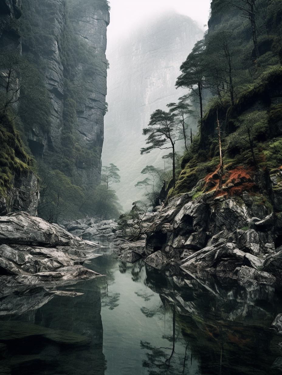 Midjourney prompt: 'some rocks and trees are visible along a river in a canyon, in the style of daniel jaems, swiss style, national geographic photo, high quality photo, ominous, fujifilm velvia, eve ventrue --ar 3:4 --s 750'