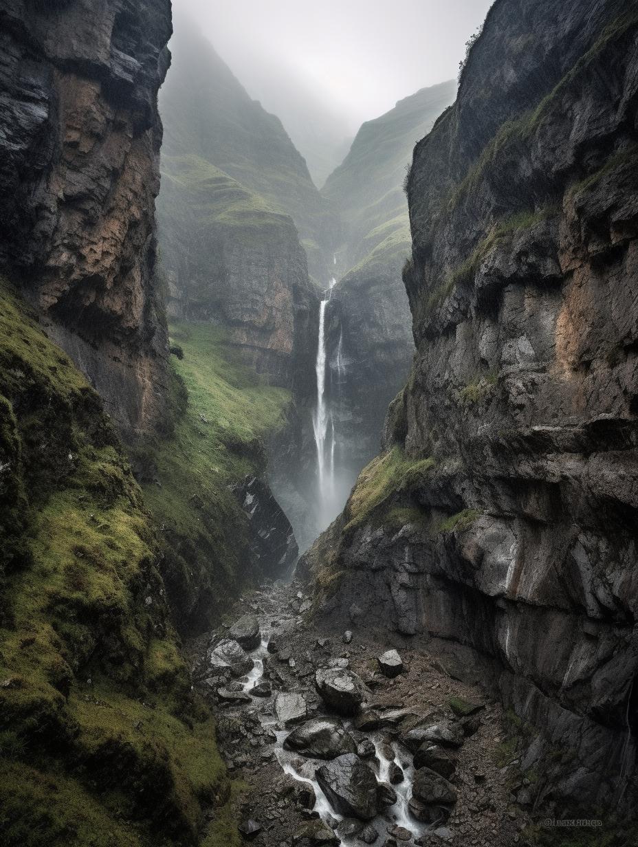 Midjourney prompt: 'waterfall image san calviano alps 1, in the style of carl zeiss distagon t* 15mm f/2.8 ze, atmospheric and moody landscapes, 32k uhd, northern china's terrain, rough clusters, atmospheric perspective, passage --ar 3:4 --s 750 '