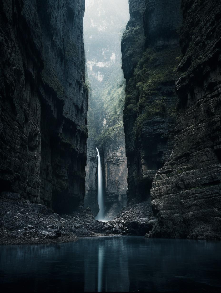 Midjourney prompt: 'two lakes and a waterfall are in a stony part of a canyon, in the style of grzegorz domaradzki, dark, moody landscapes, konica auto s3, swiss style, 20 megapixels, mottled, passage --ar 3:4 --s 750 '