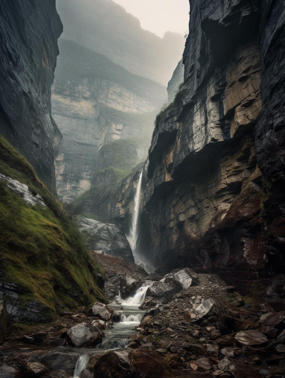 Midjourney prompt: 'this photo shows a waterfall flowing down a rock in an canyon, in the style of atmospheric and moody landscapes, swiss style, carl zeiss distagon t* 15mm f/2.8 ze, uhd image, himalayan art, high quality photo, rough clusters --ar 3:4 --s 750'