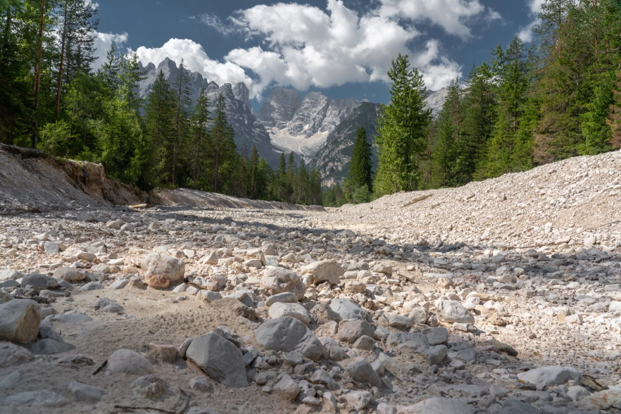 Dried-up riverbed of the Rienz and Monte Cristallo