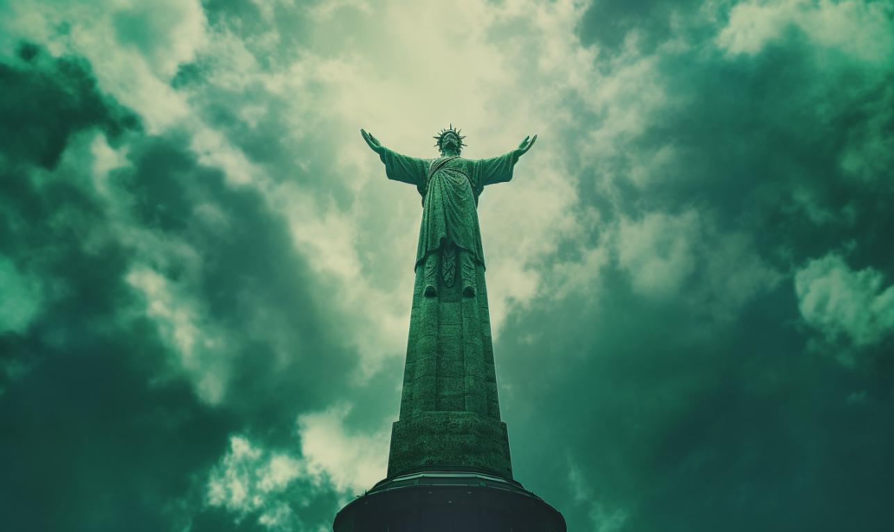 Midjourney prompt: 'an image of a statue standing in the sky, in the style of provia film, danish design, dark green, panoramic scale, berlin secession, 32k uhd, nuclear art --ar 27:16 --s 750'