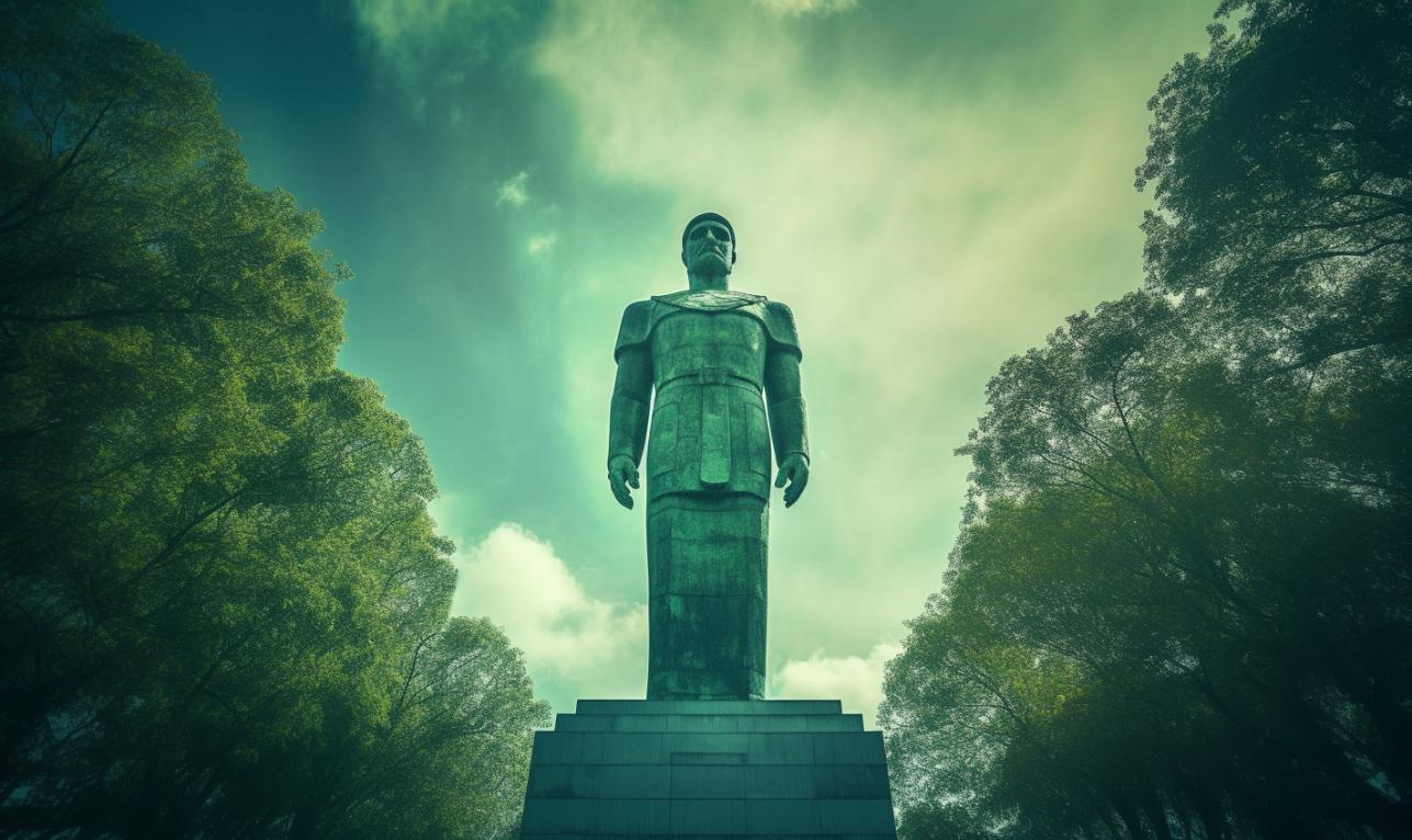 Midjourney prompt: 'the green statue with a green background, in the style of webcam photography, berlin secession, mikko lagerstedt, 32k uhd, dada, monumental vistas, bronze playfulness --ar 27:16 --s 750 '