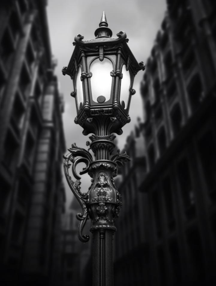 Midjourney prompt: 'a street light with buildings behind it, in the style of ornamental, black and gray, 32k uhd, structural symmetry, manapunk, low-angle, american studio craft movement --ar 3:4 --s 750'