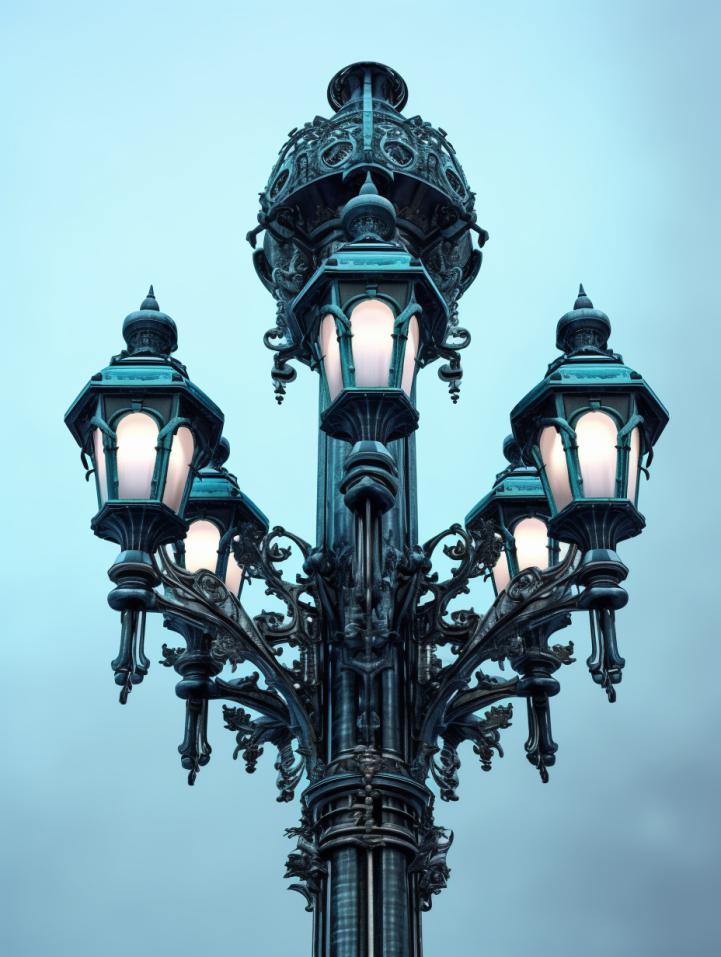 Midjourney prompt: 'a street lamp with lamps on top of it, in the style of large-scale sculpture, dark black and light azure, low-angle, 32k uhd, manapunk, structural symmetry, spatial --ar 3:4 --s 750 '