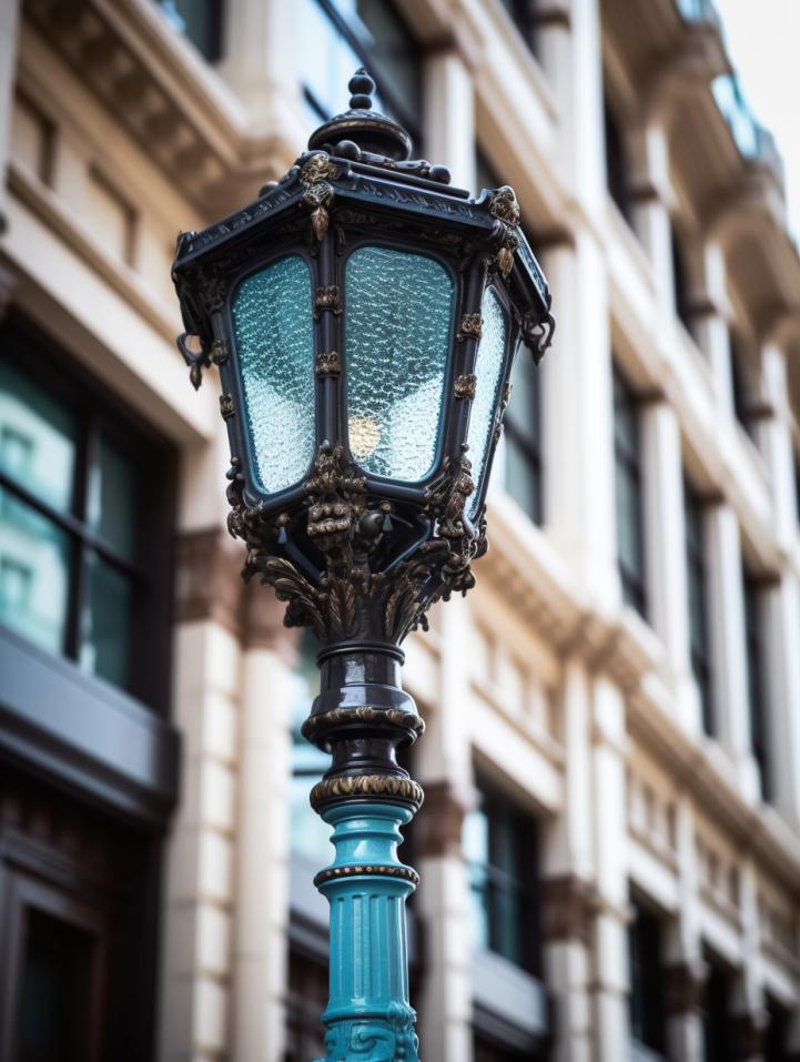 Midjourney prompt: 'a lamp post in an old city building, in the style of light sky-blue and dark black, 32k uhd, calarts, selective focus, thomas heatherwick, ornamental structures, vancouver school --ar 3:4 --s 750'