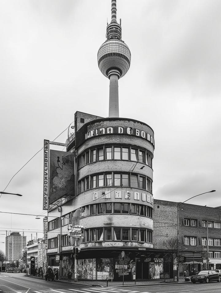 Midjourney prompt: 'alex tower in berlin, in the style of sony fe 35mm f/1.4 za, dynamic lettering, alien worlds, piet hein eek, nikon d850, rounded, alvar aalto --ar 3:4 --s 750 '
