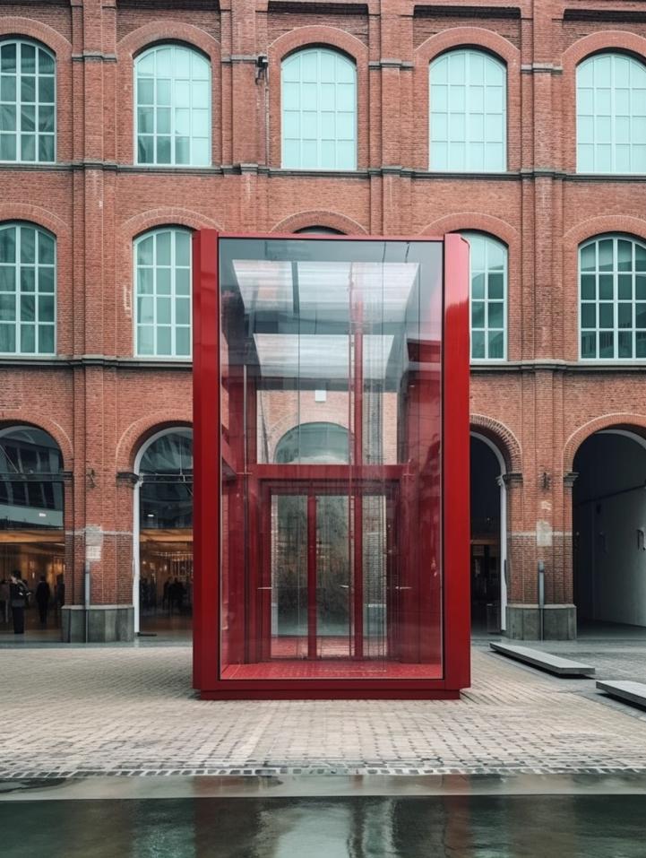 Midjourney prompt: 'a large red brick building with an open glass door, in the style of urban interventions, leandro erlich, uhd image, urban signage, industrial machinery aesthetics, sou fujimoto, confessional --ar 3:4 --s 750 '